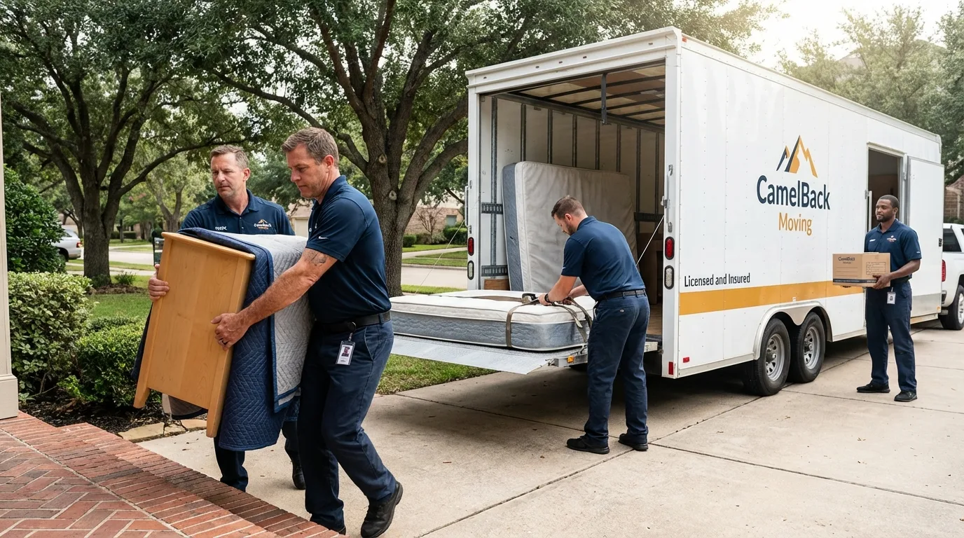 Crew loading residential truck for cross-state move from Appleton, WI