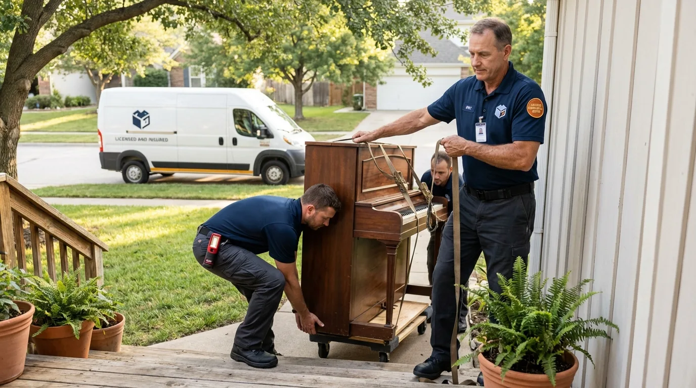 Licensed piano movers securing grand piano in Appleton, WI