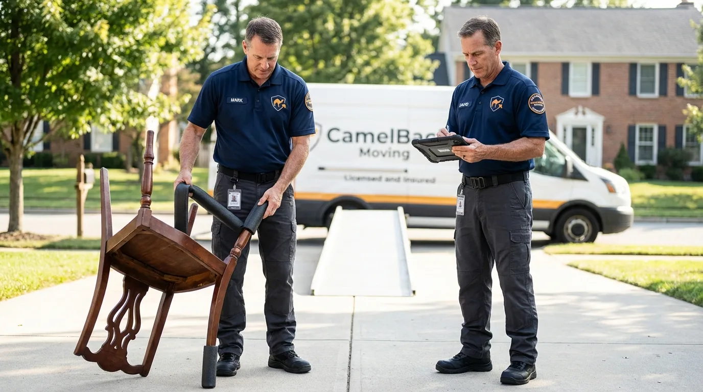 Movers inspecting furniture for damage prevention before loading in Appleton, WI